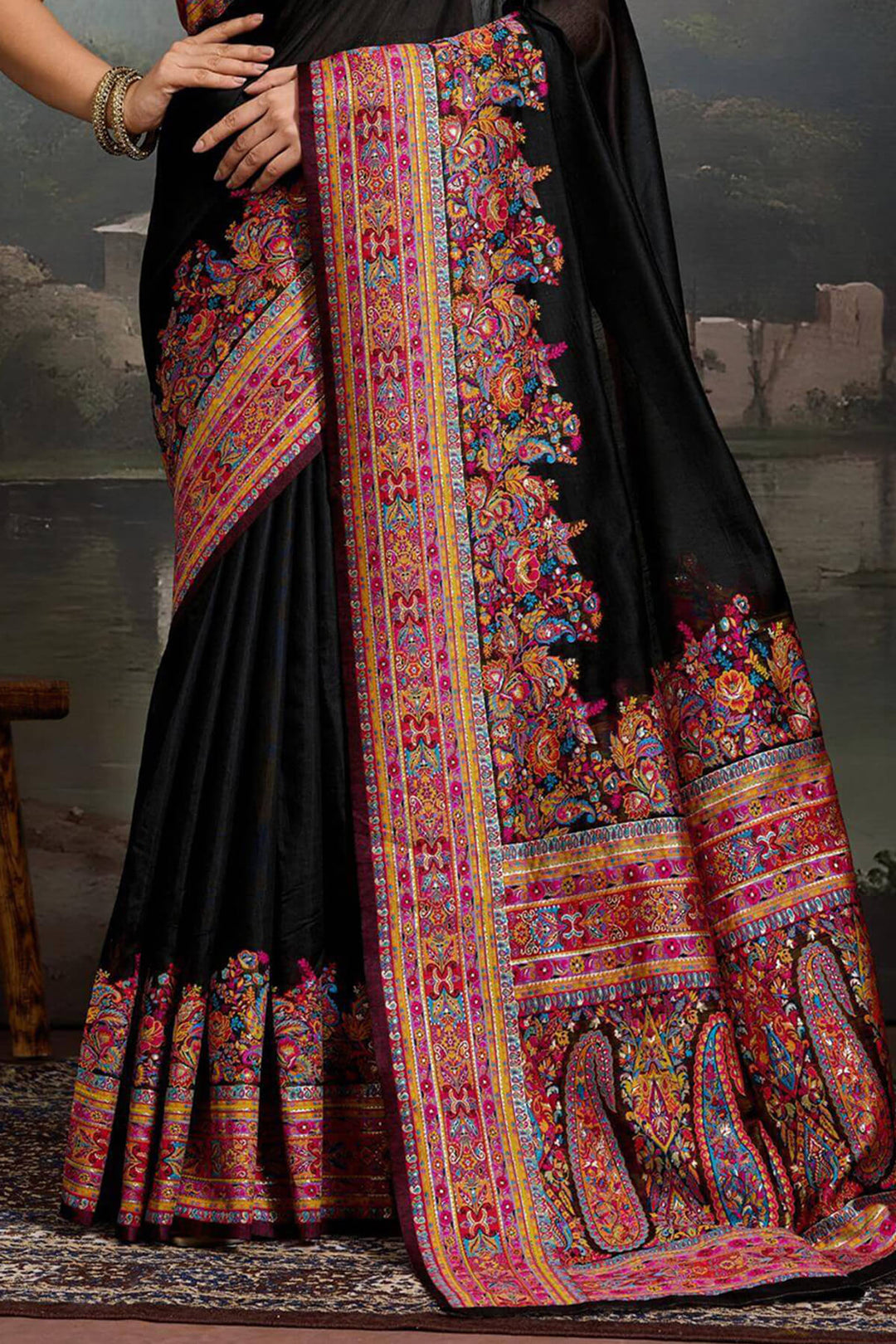 Coral Black Kashmiri Modal Pashmina Silk Saree