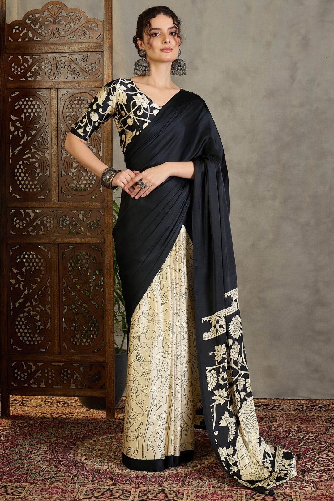 Coral Black Printed Satin Silk Saree