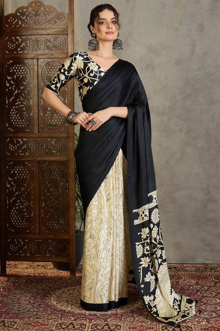 Coral Black Printed Satin Silk Saree
