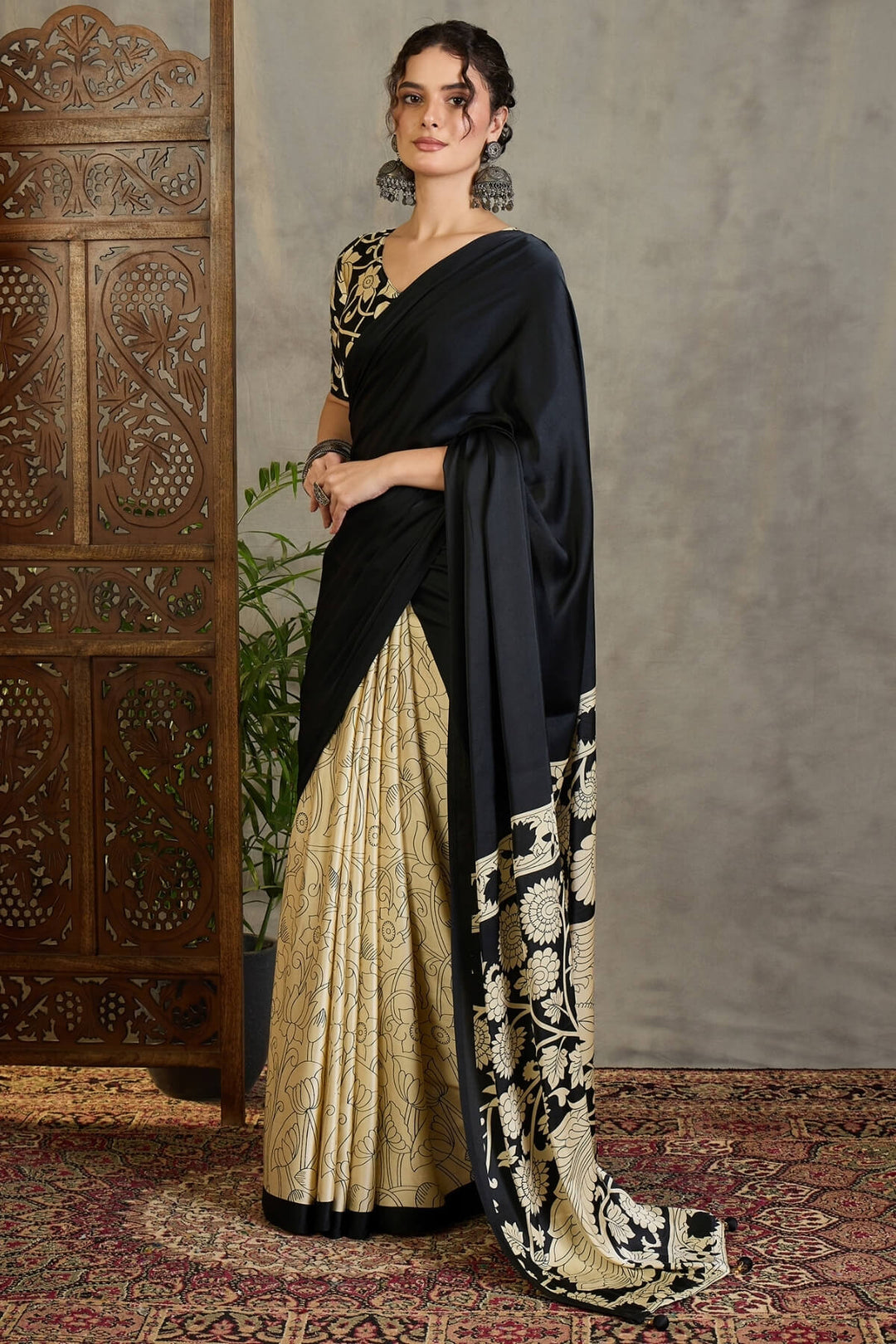 Coral Black Printed Satin Silk Saree