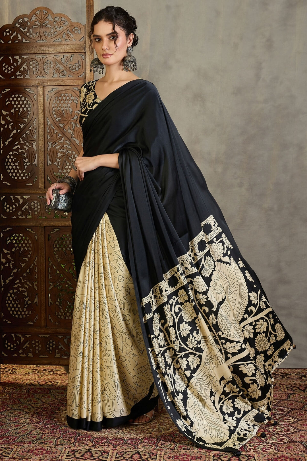 Coral Black Printed Satin Silk Saree