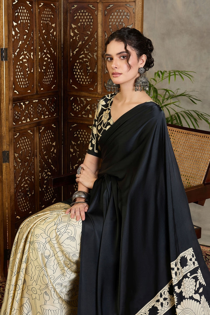 Coral Black Printed Satin Silk Saree