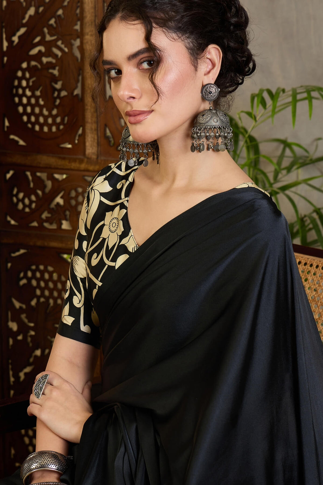 Coral Black Printed Satin Silk Saree
