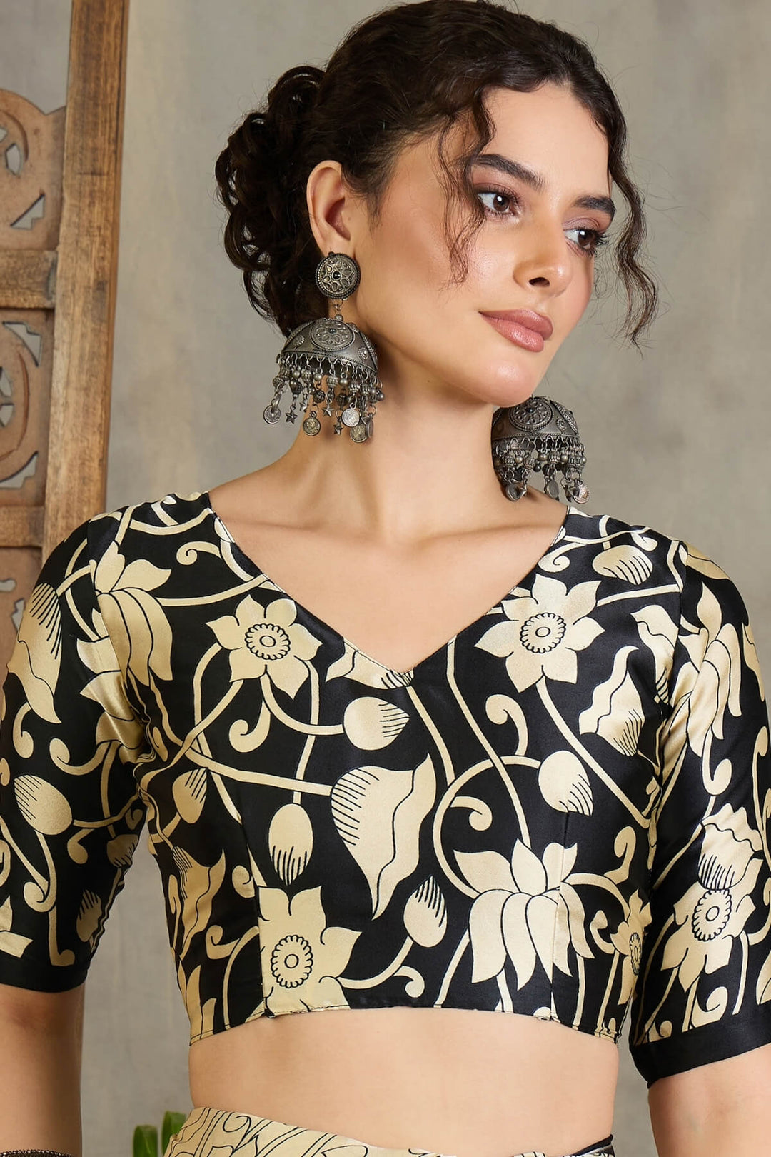Coral Black Printed Satin Silk Saree