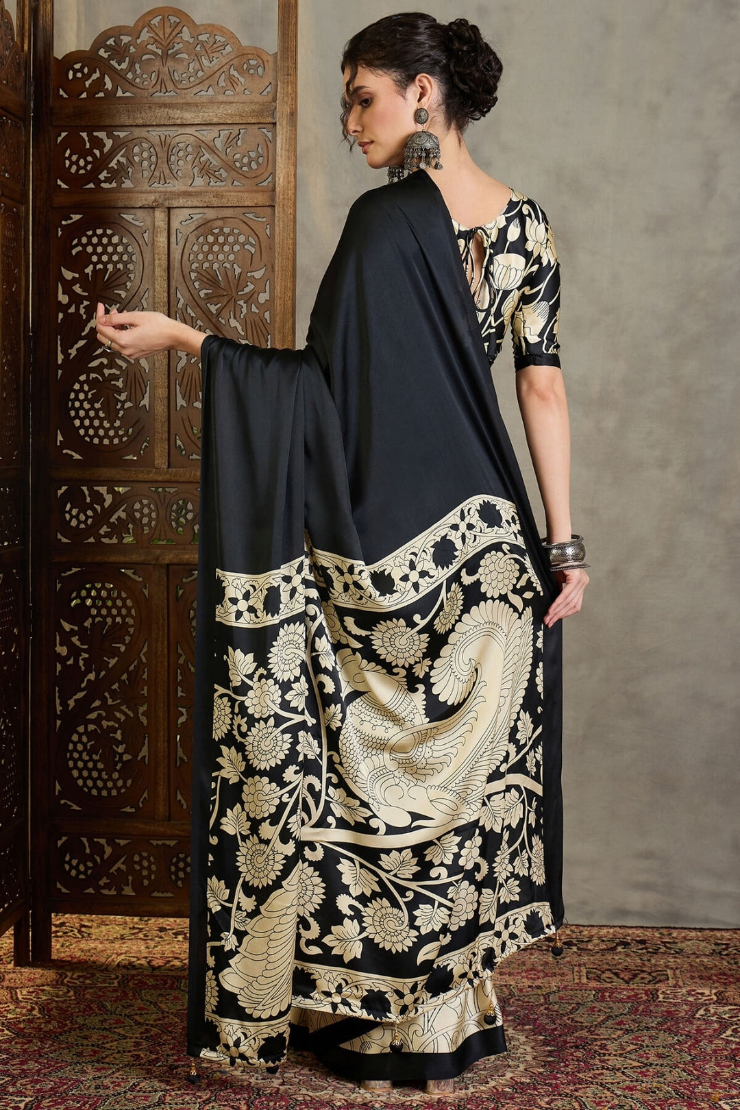 Coral Black Printed Satin Silk Saree