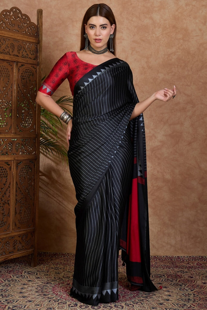 Coral Black Stripe Ajrakh Printed Satin Silk Saree