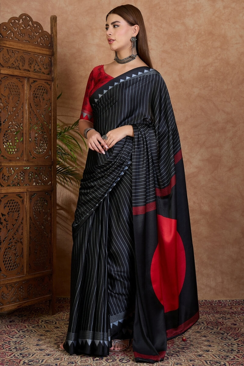 Coral Black Stripe Ajrakh Printed Satin Silk Saree