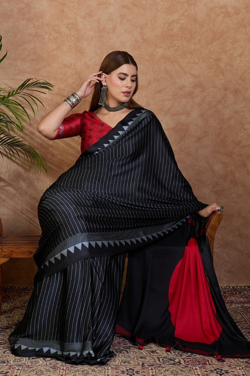 Coral Black Stripe Ajrakh Printed Satin Silk Saree