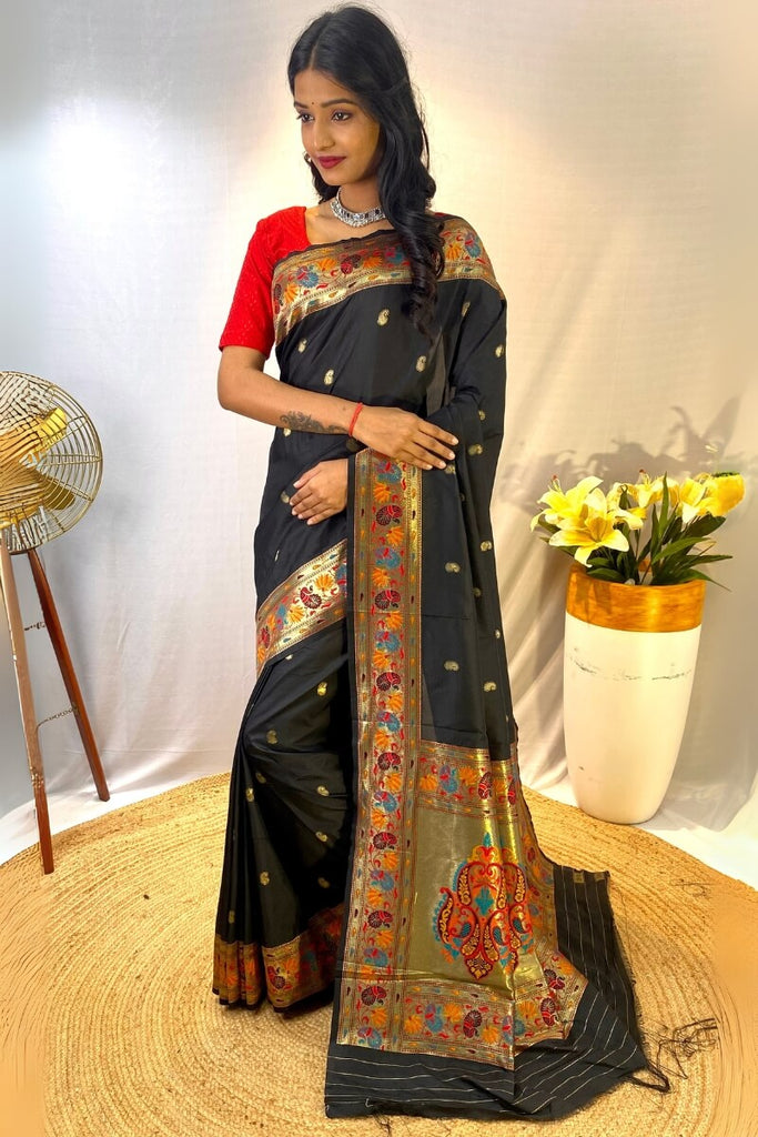 Coral Black Zari Woven Paithani Silk Saree