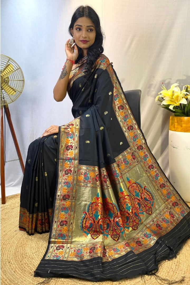 Coral Black Zari Woven Paithani Silk Saree