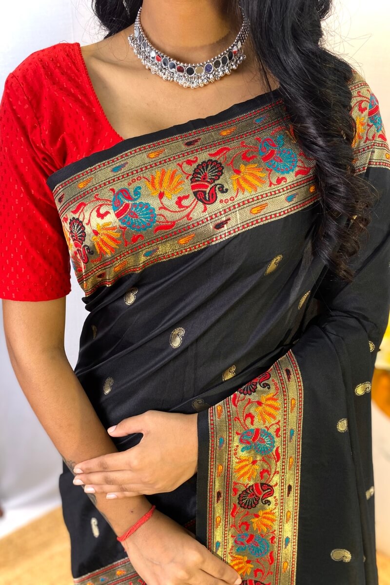 Coral Black Zari Woven Paithani Silk Saree