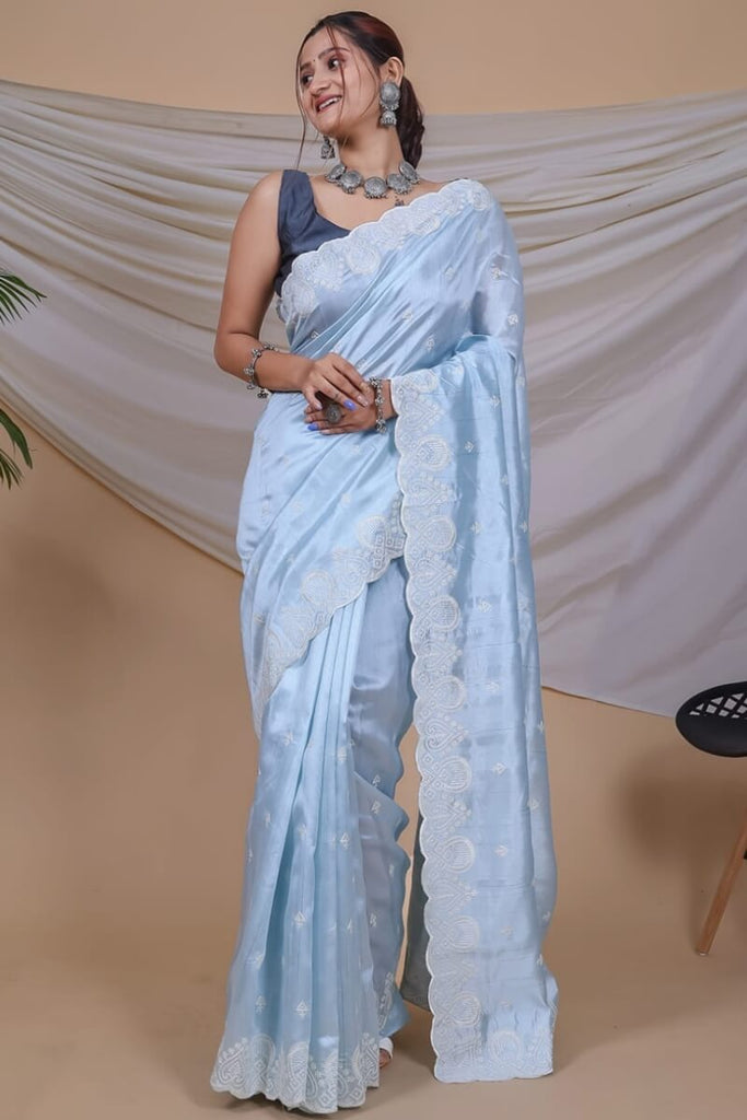 Coral Blue Embroidered Soft Silk Saree