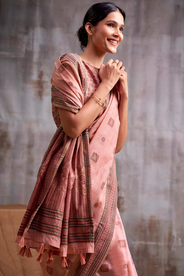 Coral Peach Cotton Modal Silk Saree