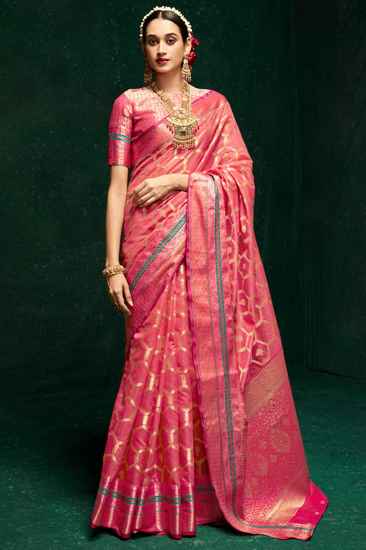 Coral Pink Banarasi Cotton Silk Saree