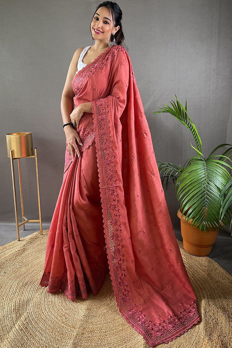 Coral Pink Embroidered Work Soft Silk Saree