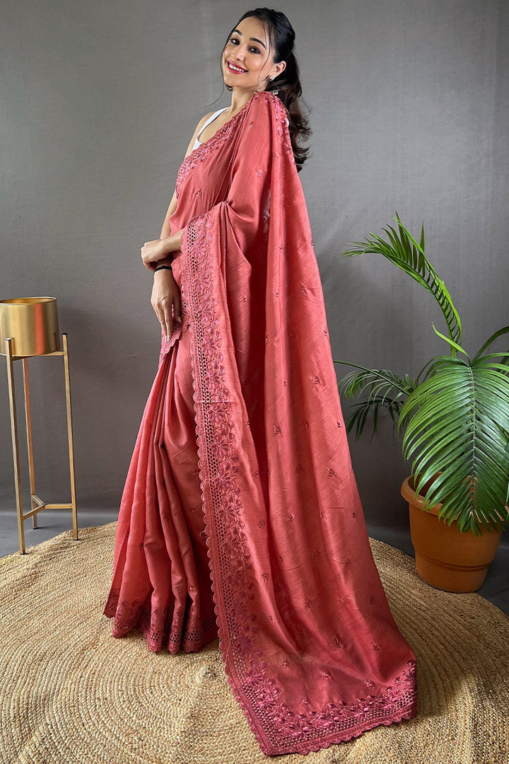 Coral Pink Embroidered Work Soft Silk Saree