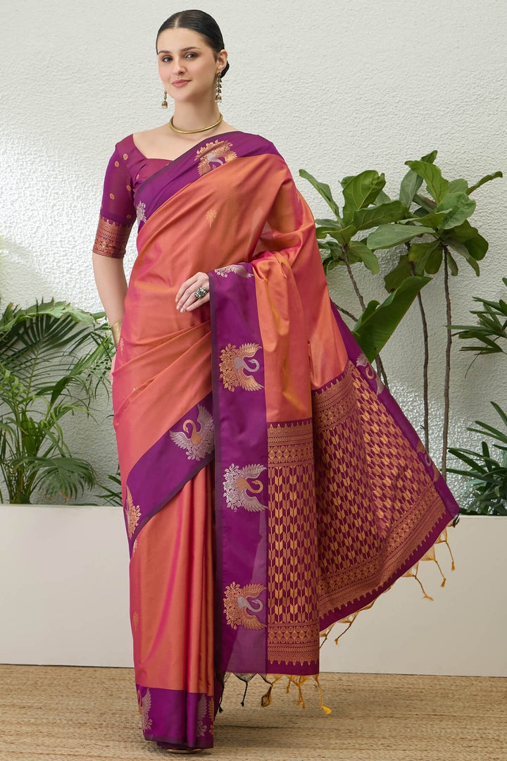 Coral Pink Handloom Banarasi Silk Saree