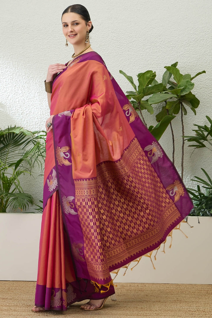 Coral Pink Handloom Banarasi Silk Saree