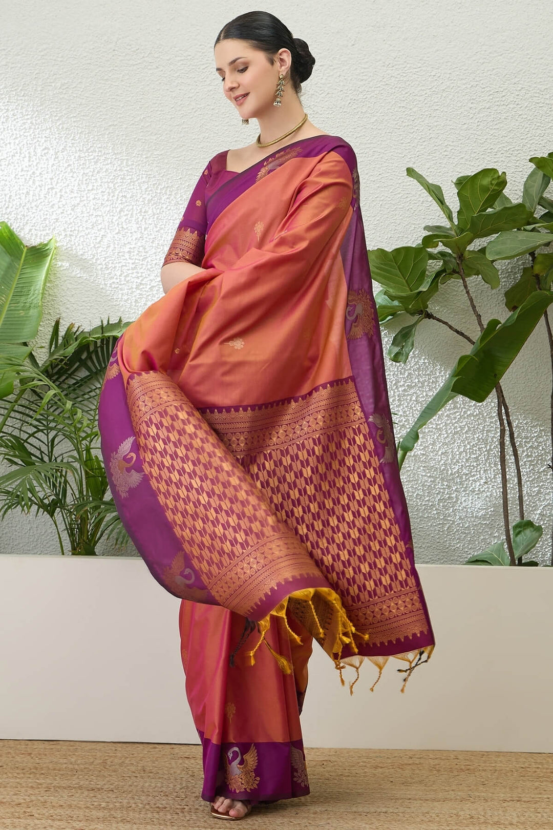 Coral Pink Handloom Banarasi Silk Saree