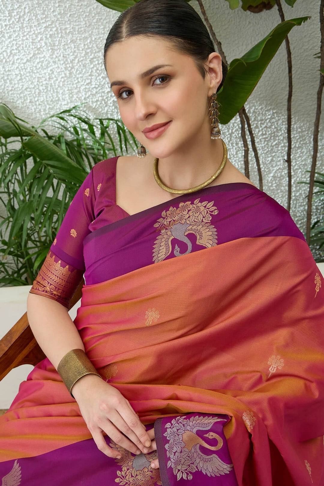 Coral Pink Handloom Banarasi Silk Saree