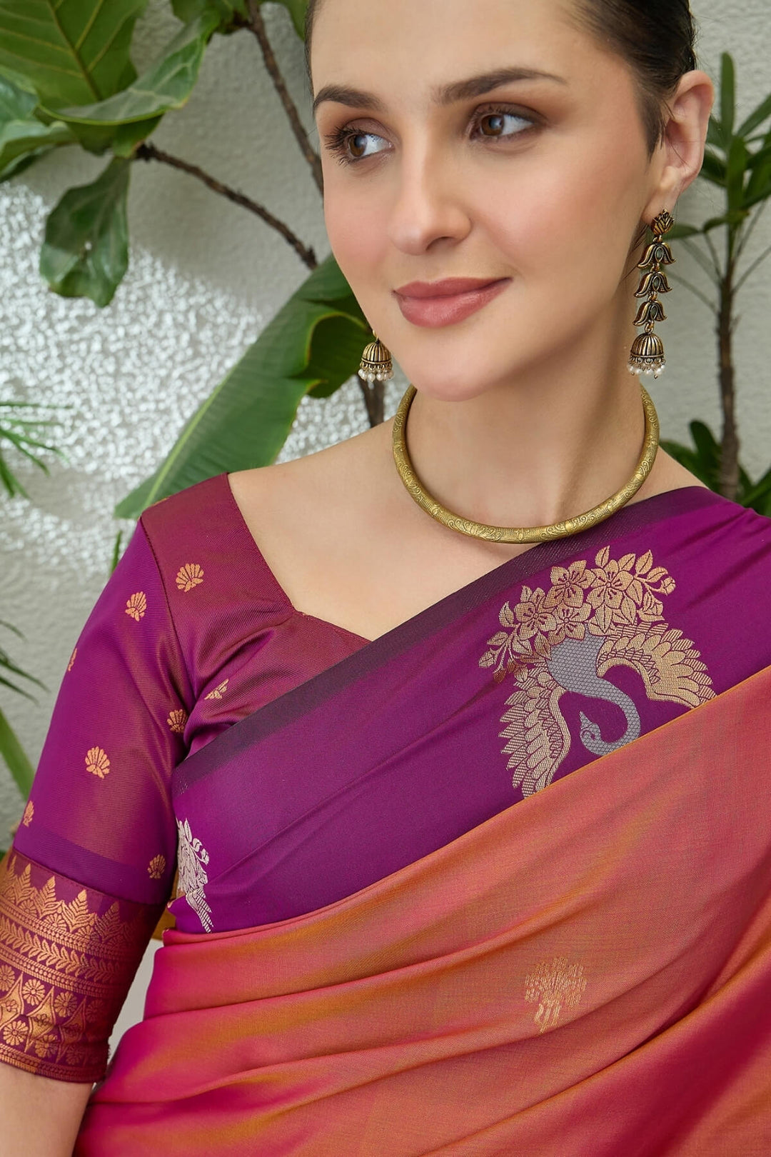 Coral Pink Handloom Banarasi Silk Saree