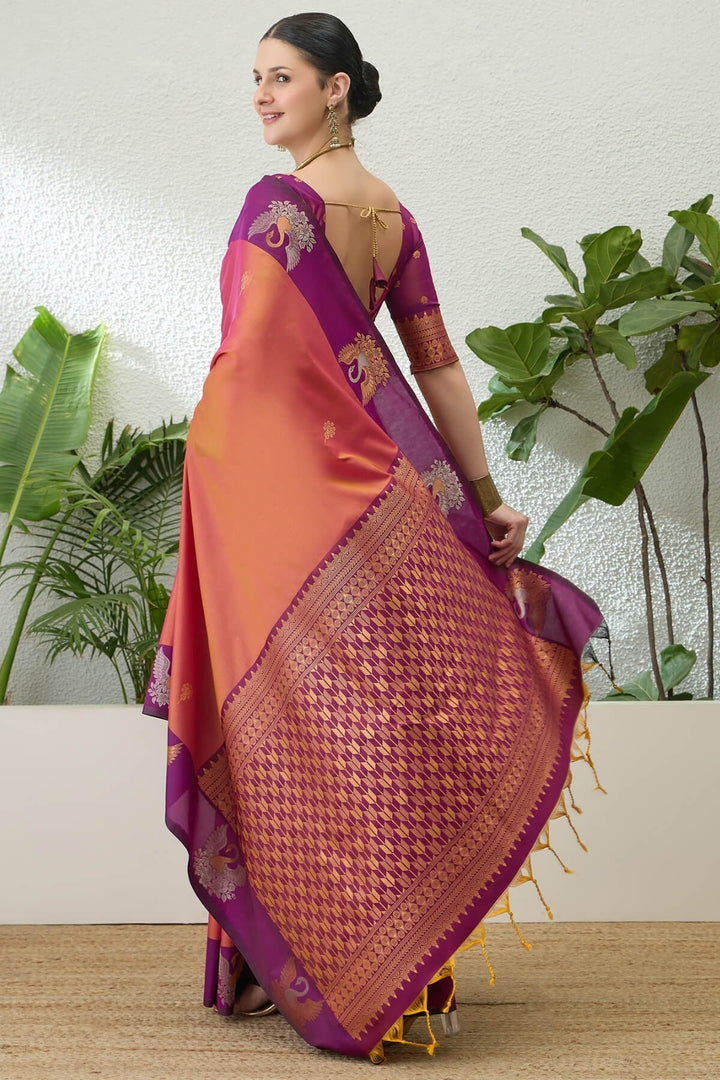 Coral Pink Handloom Banarasi Silk Saree