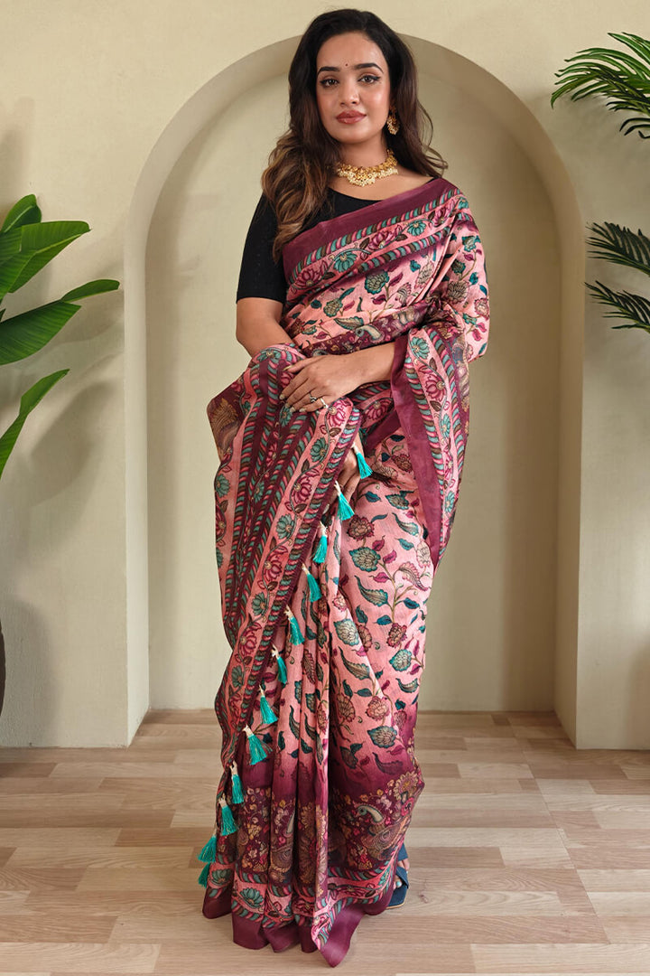 Coral Pink Kalamkari Printed Cotton Saree
