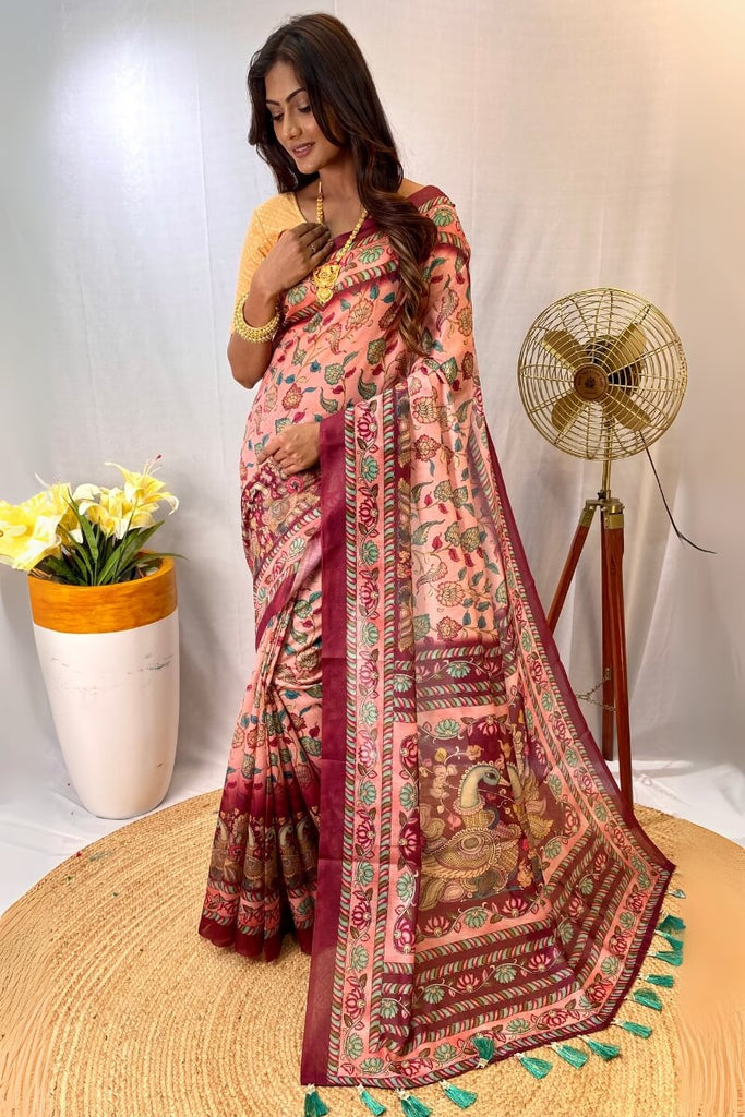 Coral Pink Kalamkari Printed Cotton Saree