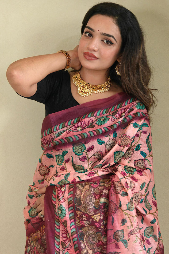 Coral Pink Kalamkari Printed Cotton Saree