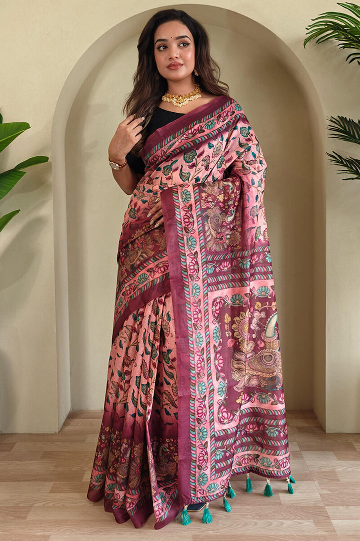 Coral Pink Kalamkari Printed Cotton Saree