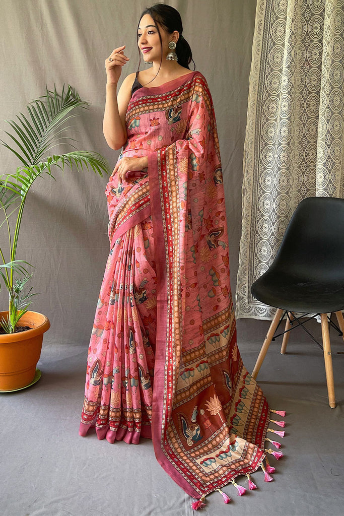 Coral Pink Kalamkari Printed Cotton Silk Saree