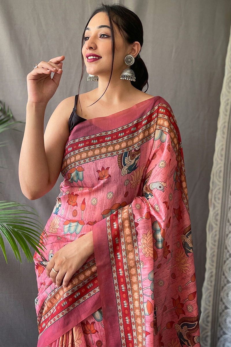 Coral Pink Kalamkari Printed Cotton Silk Saree