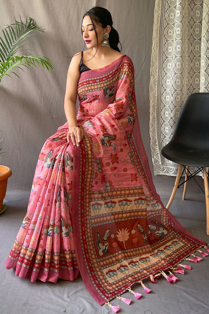 Coral Pink Kalamkari Printed Cotton Silk Saree