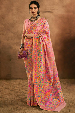 Coral Pink Kashmiri Modal Pashmina Silk Saree