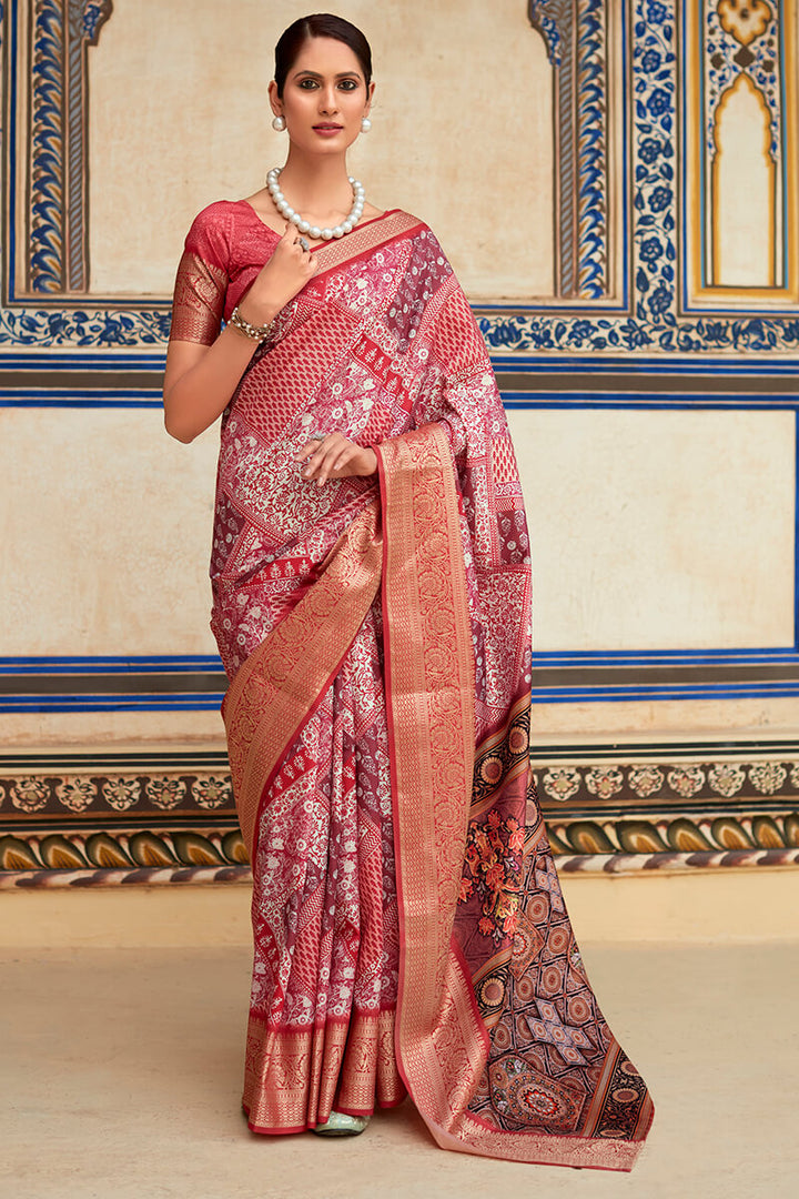 Coral Pink Printed Dola Silk Saree