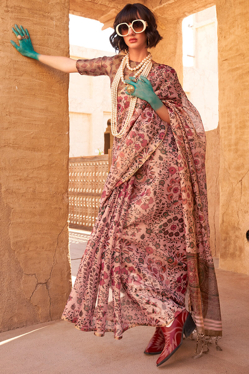 Coral Pink Printed Tissue Silk Saree