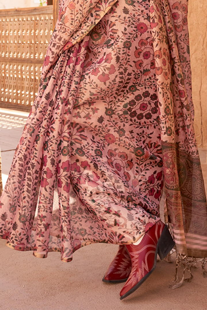 Coral Pink Printed Tissue Silk Saree