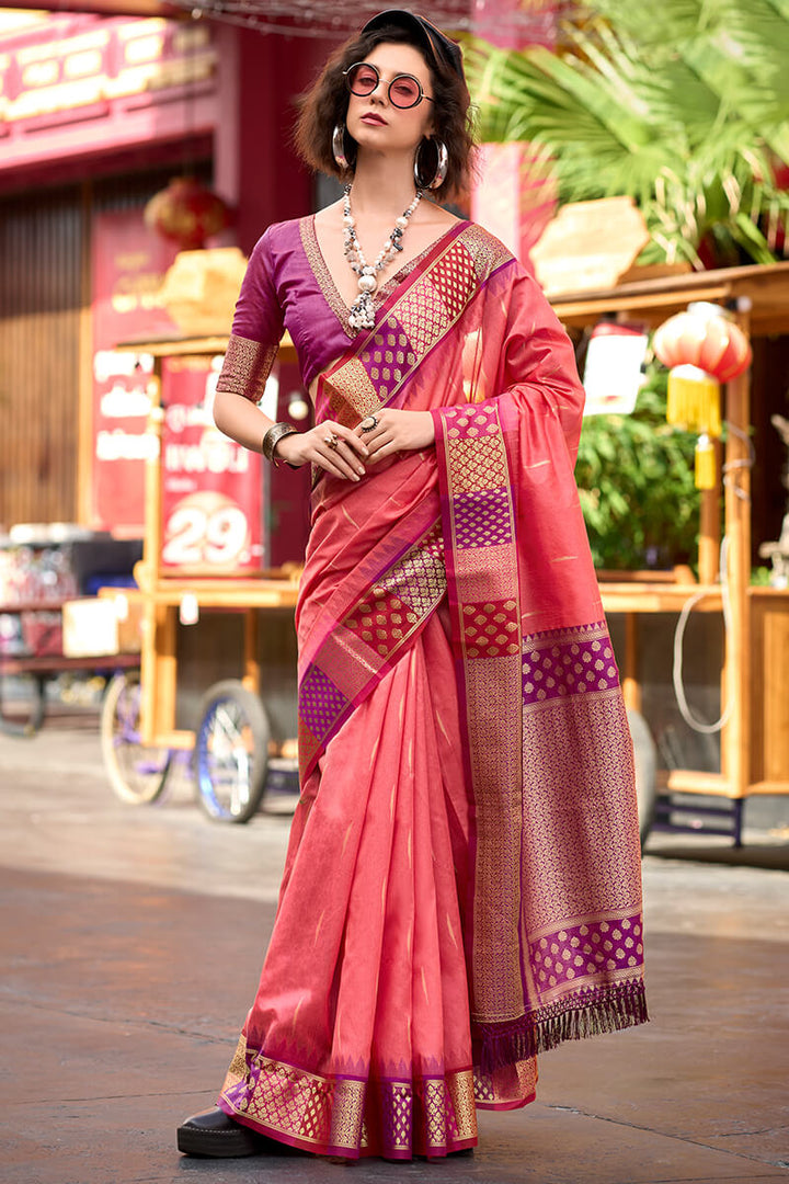 Coral Pink Woven Soft Banarasi Silk Saree