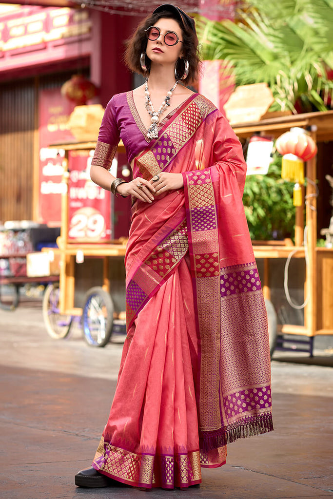 Coral Pink Woven Soft Banarasi Silk Saree