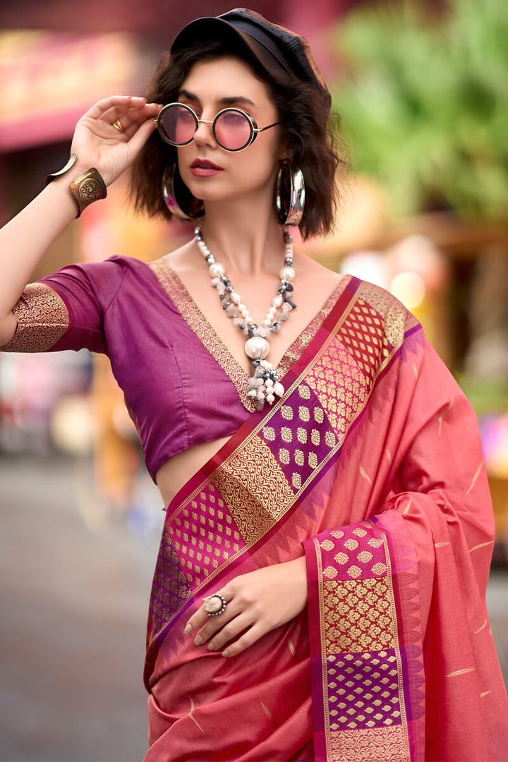 Coral Pink Woven Soft Banarasi Silk Saree