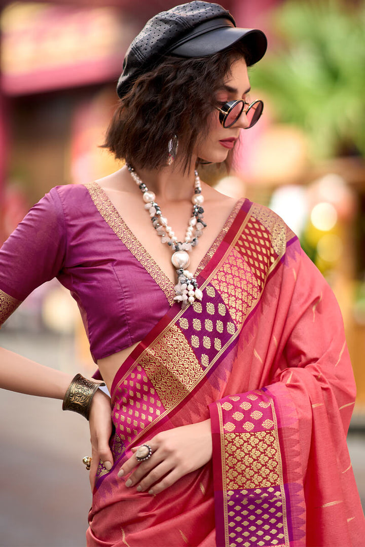 Coral Pink Woven Soft Banarasi Silk Saree