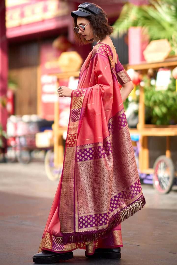 Coral Pink Woven Soft Banarasi Silk Saree