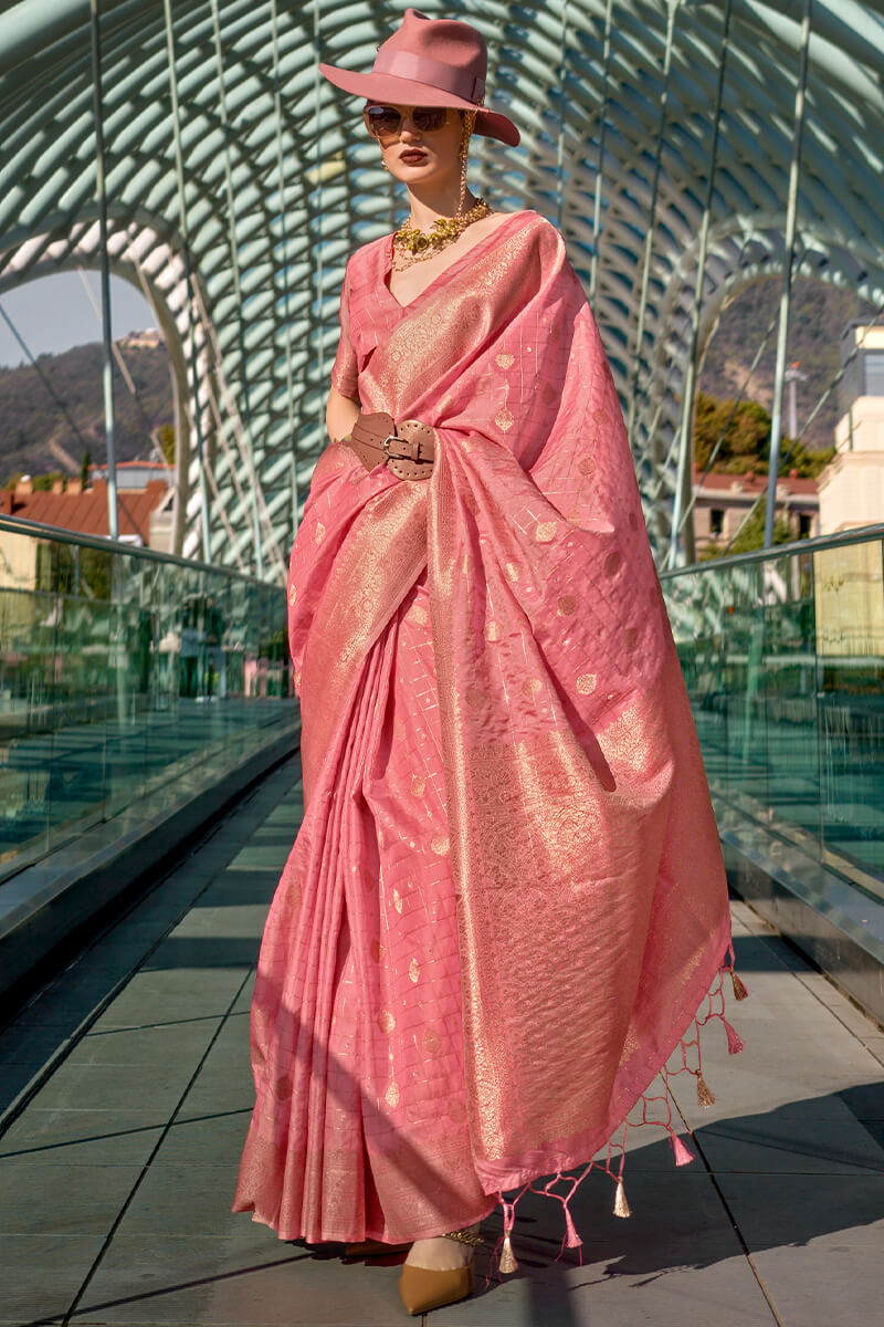 Coral Pink Zari woven Banarasi Katan Silk Saree