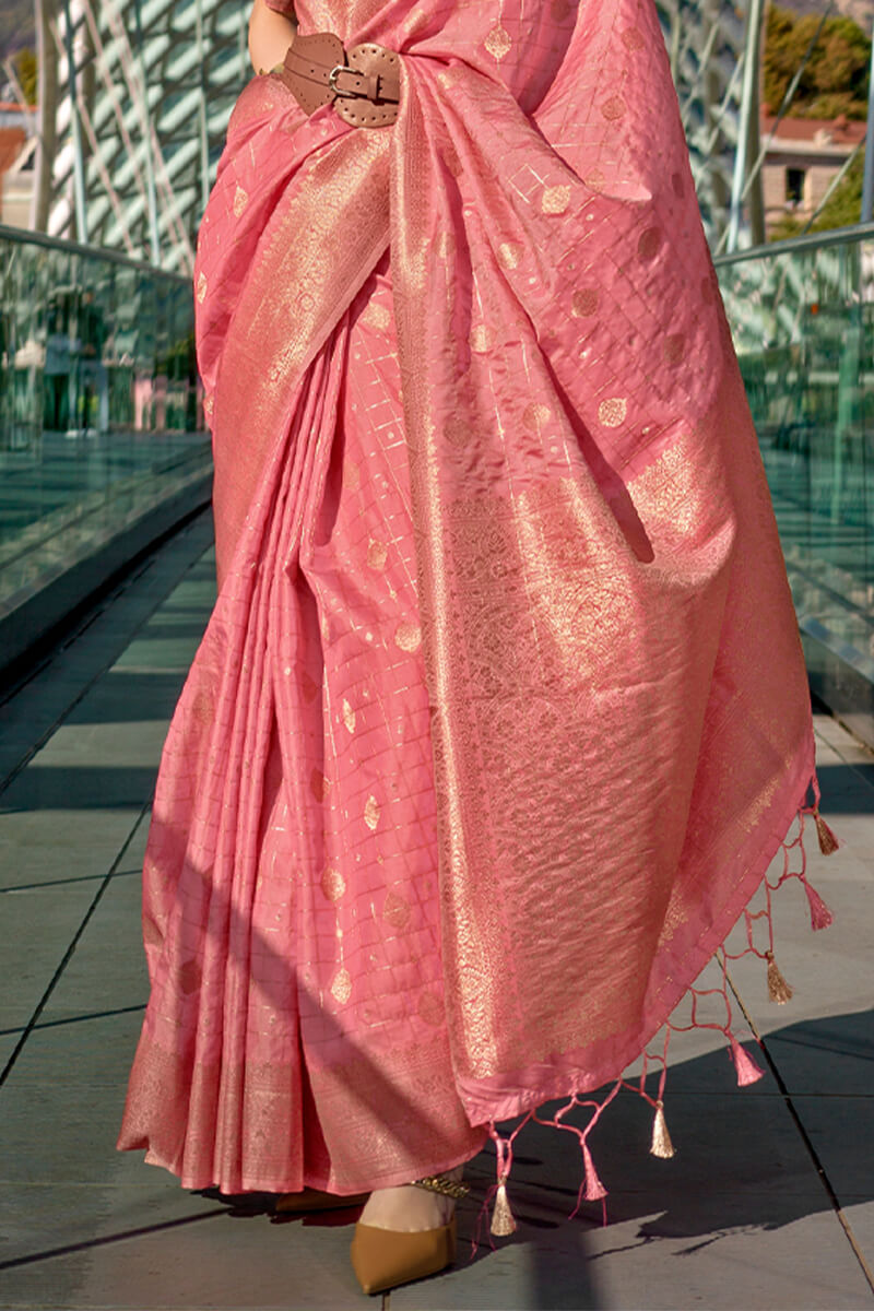 Coral Pink Zari woven Banarasi Katan Silk Saree