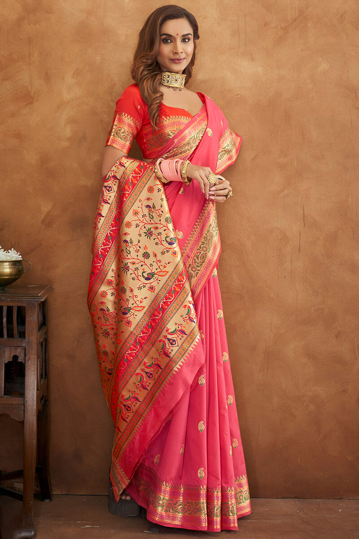 Coral Pink Zari Woven Banarasi Silk Saree