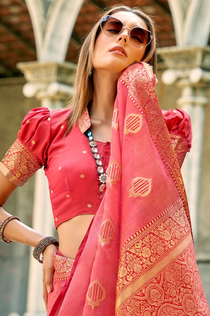 Coral Pink Zari woven Banarasi Tissue Silk Saree