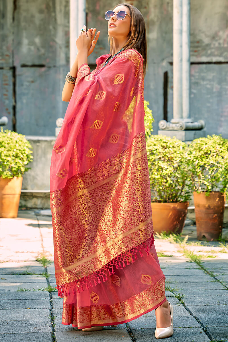 Coral Pink Zari woven Banarasi Tissue Silk Saree