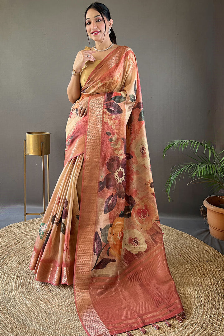 Coral Pink Zari Woven Printed Tussar Silk Saree