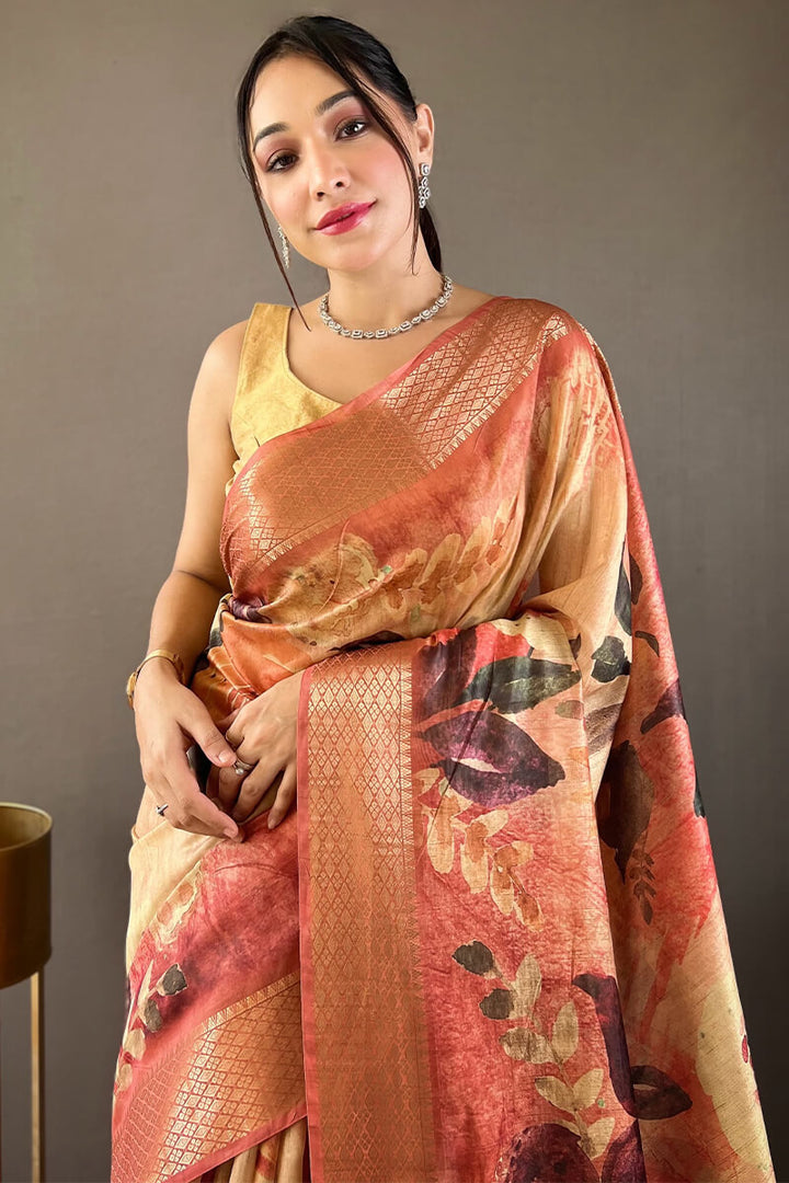 Coral Pink Zari Woven Printed Tussar Silk Saree