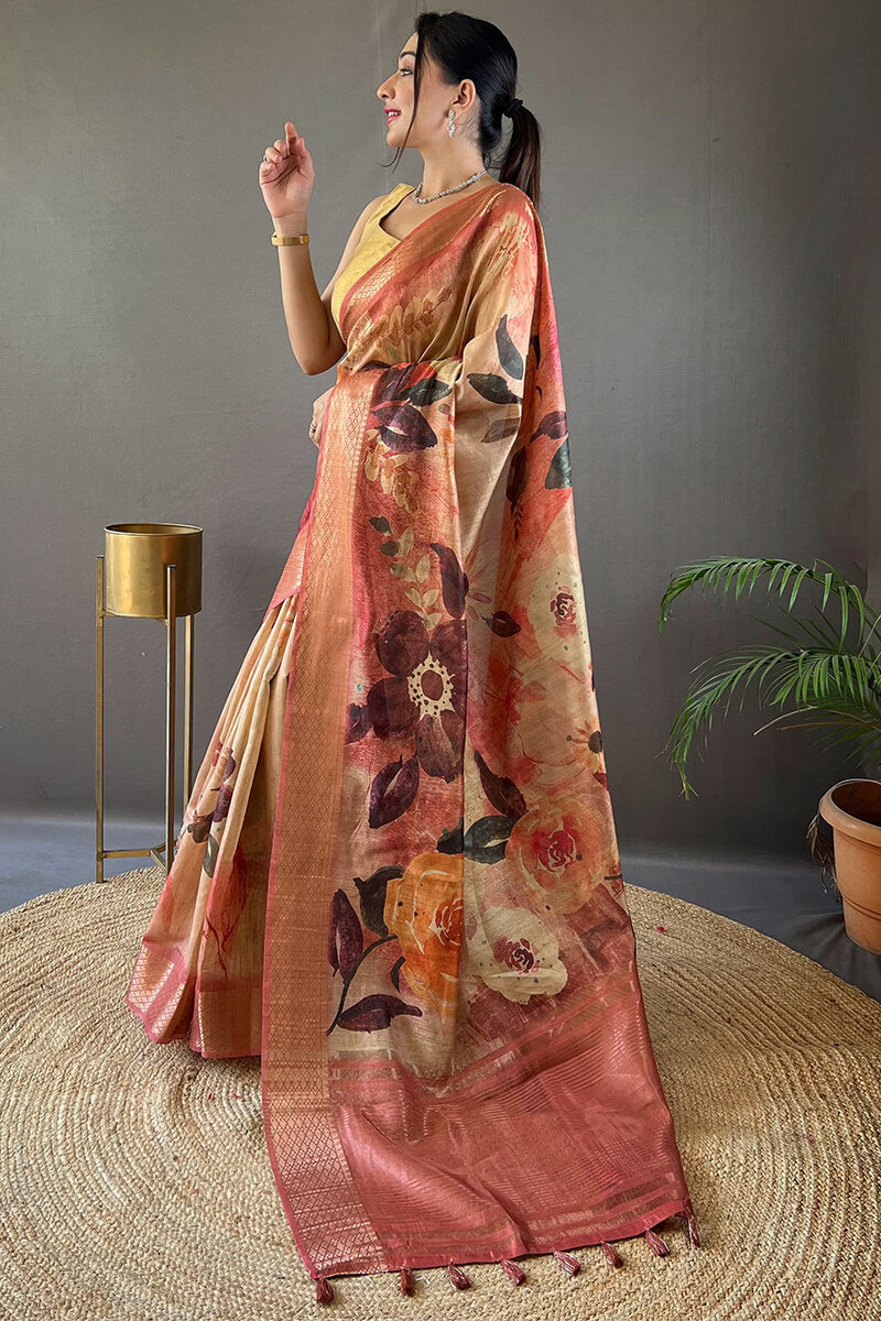 Coral Pink Zari Woven Printed Tussar Silk Saree